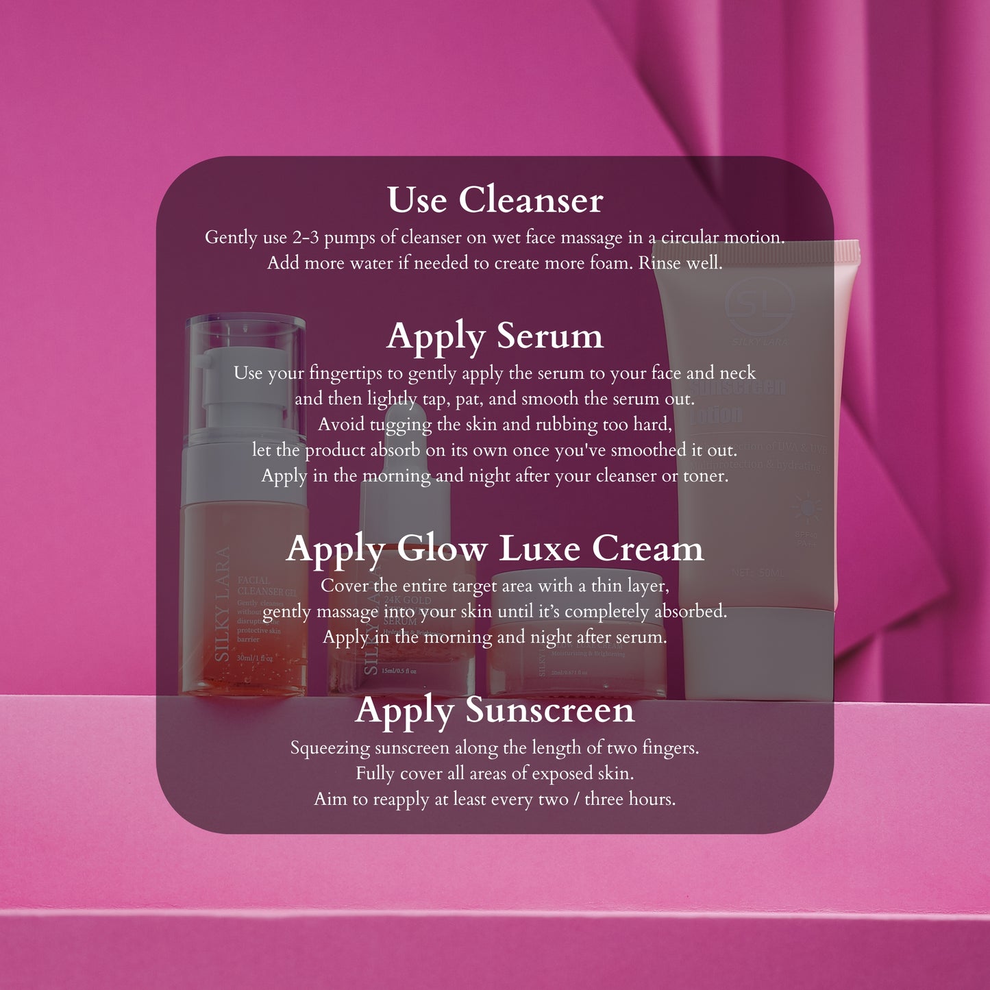 SILKY LARA COMBO C (MINI SET PENCUCI MUKA 30ML,SERUM15ML,PELEMBAB MUKA 20ML&SUNSCREEN50ML)