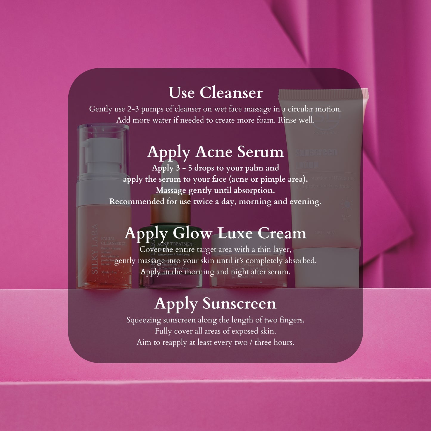 SILKY LARA COMBO C (MINI SET PENCUCI MUKA 30ML,SERUM15ML,PELEMBAB MUKA 20ML&SUNSCREEN50ML)