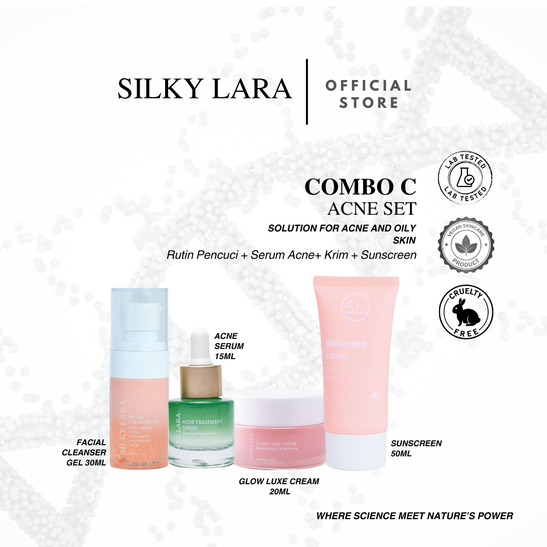 SILKY LARA COMBO C (MINI SET PENCUCI MUKA 30ML,SERUM15ML,PELEMBAB MUKA 20ML&SUNSCREEN50ML)