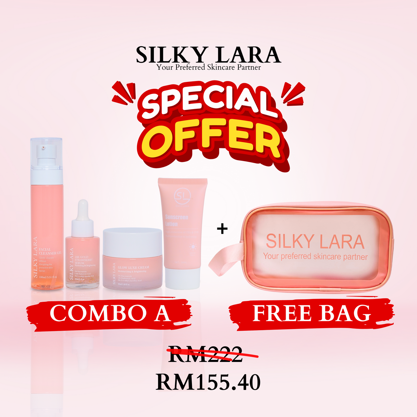 COMBO A + FREE BAG : COMPLETE YOUR DAY (FACIAL CLEANSER 80ML, FACE SERUM 30ML, GLOW LUXE CREAM 50ML, SUNSCREEN 50ML)