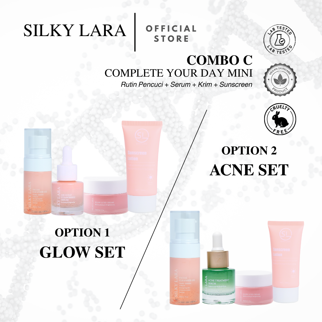 SILKY LARA COMBO C (MINI SET PENCUCI MUKA 30ML,SERUM15ML,PELEMBAB MUKA 20ML&SUNSCREEN50ML)