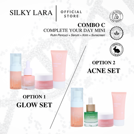 SILKY LARA COMBO C (MINI SET PENCUCI MUKA 30ML,SERUM15ML,PELEMBAB MUKA 20ML&SUNSCREEN50ML)