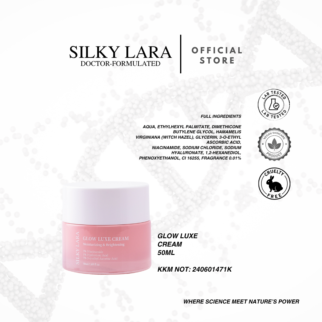 Silky Lara Glow Luxe Krim Pelembap Ringan & Semula Jadi 50ML dengan 1% Asid Hyaluronik & 3% Niacinamide untuk Kulit Berseri & Glowing