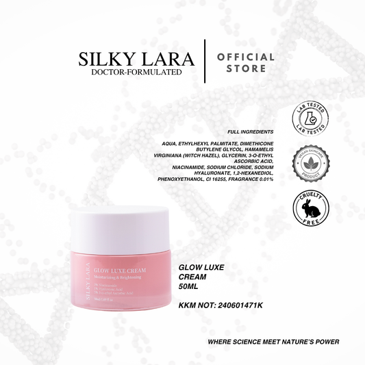 Silky Lara Glow Luxe Krim Pelembap Ringan & Semula Jadi 50ML dengan 1% Asid Hyaluronik & 3% Niacinamide untuk Kulit Berseri & Glowing