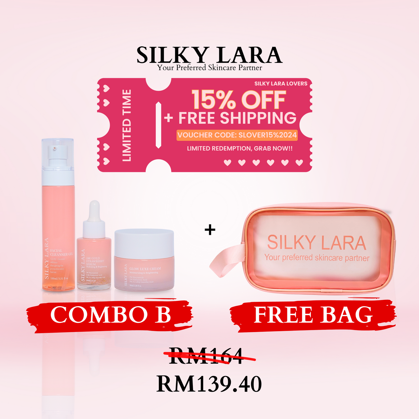 COMBO B + FREE BAG : TREAT YOUR SKIN (FACIAL CLEANSER 80ML, FACE SERUM 30ML, GLOW LUXE CREAM 50ML)