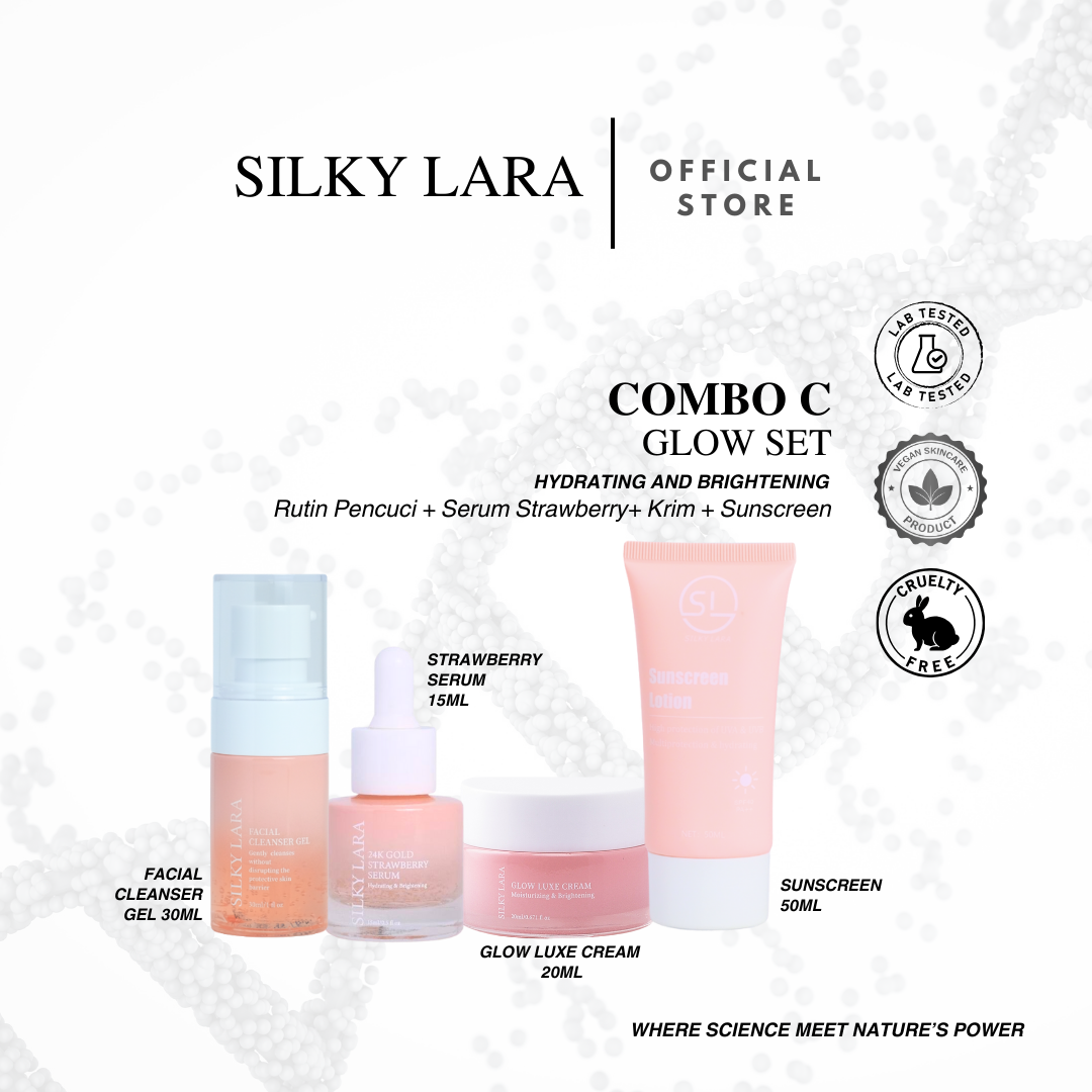 SILKY LARA COMBO C (MINI SET PENCUCI MUKA 30ML,SERUM15ML,PELEMBAB MUKA 20ML&SUNSCREEN50ML)
