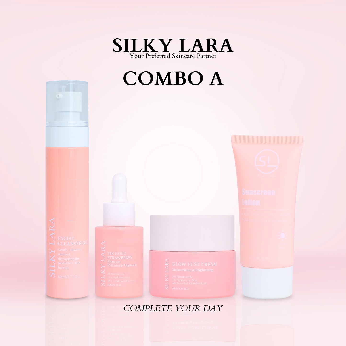 COMBO A : COMPLETE YOUR DAY (FACIAL CLEANSER 80ML, FACE SERUM 30ML, GLOW LUXE CREAM 50ML, SUNSCREEN 50ML)